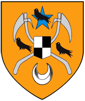 Tenne, in Chief, a Mullet Azure fimbrriated Sable Debruised by a Martlet close of the Third, In Dexter, a Martlet close facing Sinister Of the Third, In Sinister, a Martlet close facing Sinister Of the Third, In Base a Crescent Argent fimbrriated of the T